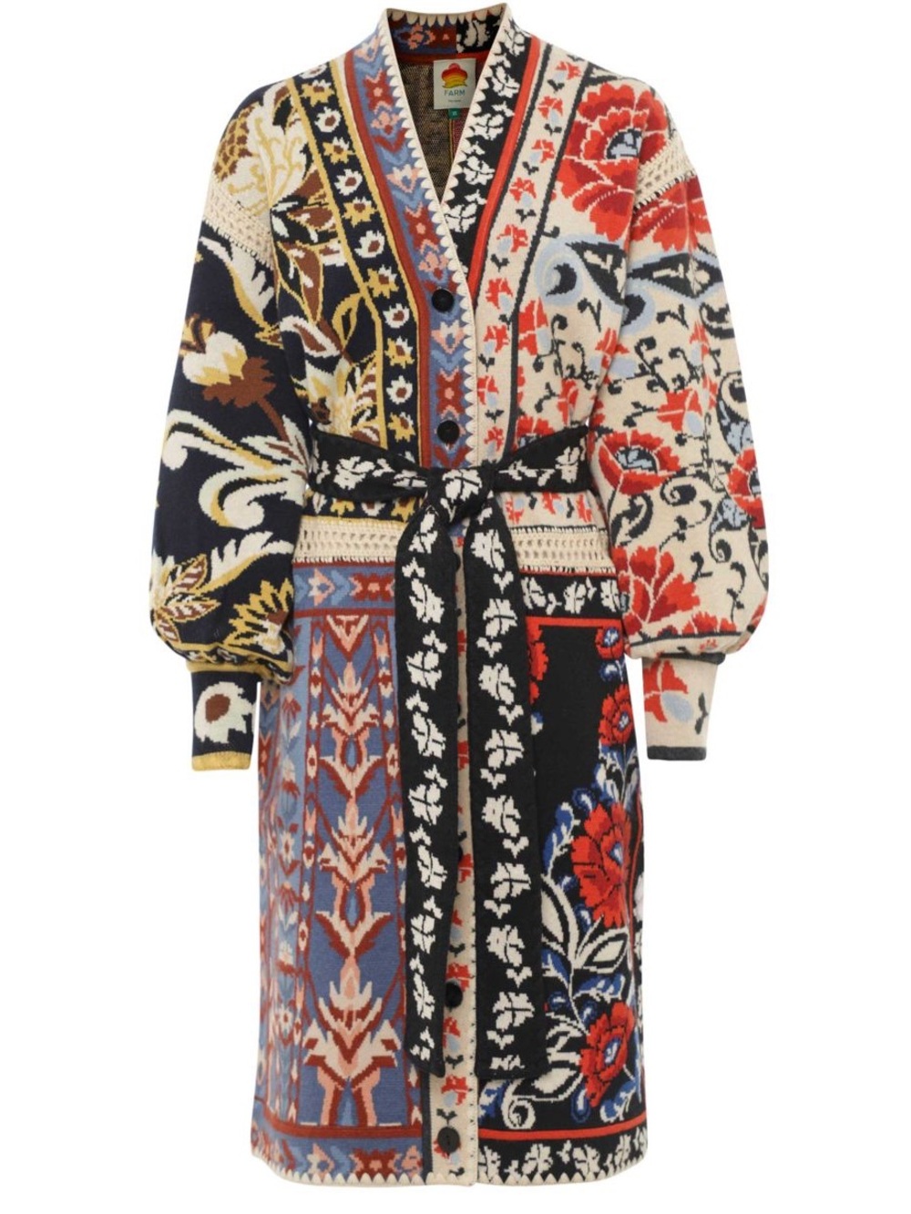 FARM Rio Mixed Flower Print Patchwork Knit Midi Cardigan | Duster | XS | NWT